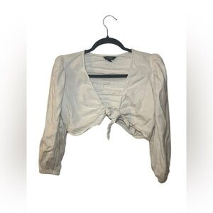 Express White Linen Blend Tie-Front Crop Blouse